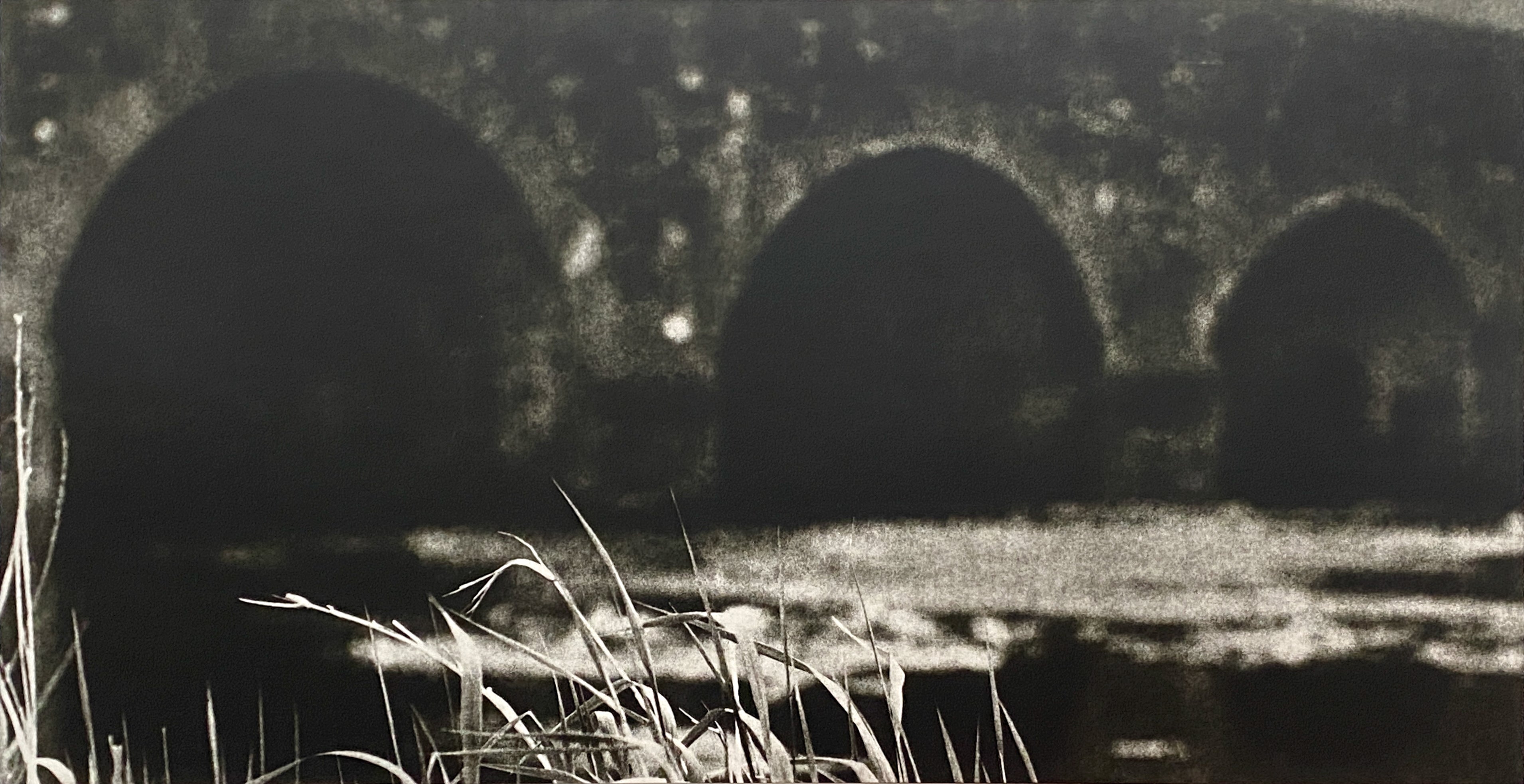 An old stone bridge in Ireland with water flowing and grasses on the side of the bank. The image is dark and moody, a silver gelatin print made using a paper negative, which makes the image very suggestive and emotive.