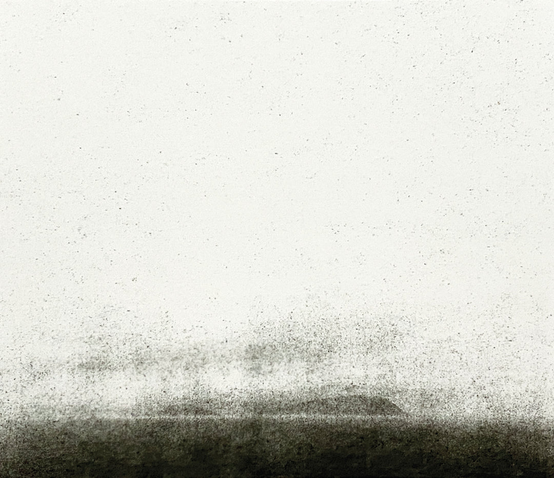 A nebulous image of the mist with an island or landform in the distance. A small silver gelatin photograph made with a paper negative and using lith developer for additional contrast and texture.